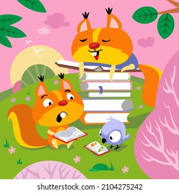 Cute squirrels are reading in spring meadow. Background with flowering trees. Hand drawn full color childrens illustration. Vector flat cartoon picture.