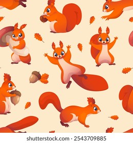 Patrón sin fisuras de ardillas lindas. Personajes de animales divertidos de dibujos animados, roedores rojos del bosque con bellotas, setas y nueces. Decoración textil, envoltura, diseño de Fondo de pantalla. Vector de fondo infantil