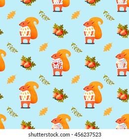 Cute squirrels seamless pattern. Vector background with cartoon squirrels, twigs, leaves and acorns.