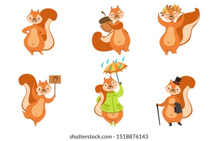 Cute Squirrels Set, Funny Animals Cartoon Character Different Activities Vector Illustration