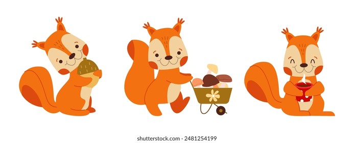 Cute Squirrels Set. Funny Kawaii Forest Animals with Acorn, Autumn Mushrooms, Tea Mug. Happy Vector Characters. Child Illustration on Isolated Background.