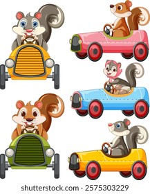 Cute squirrels in vibrant cars, showcasing fun and adventure