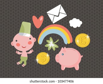 Cute st of characters for St. Patrick`s Day. Vector illustration on textured background.