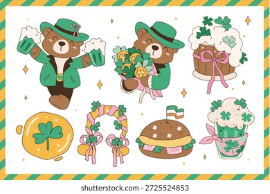 Netter St. Patrick’s Day Bär und Gnome Illustration Set. Vektorgrafik.