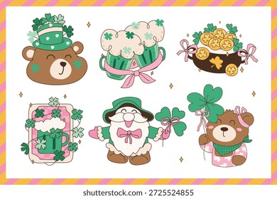 Netter St. Patrick’s Day Bär und Gnome Illustration Set. Vektorgrafik.