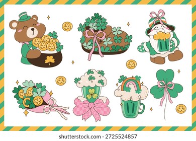 Netter St. Patrick’s Day Bär und Gnome Illustration Set. Vektorgrafik.