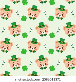 Cute St. Patrick’s Day Bear Pattern with Shamrocks and Hats. A charming seamless pattern featuring kawaii style leprechaun bears, lucky clovers, and festive elements.