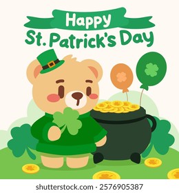 Cute St. Patrick’s Day Bear with Shamrock and Pot of Gold. St. Patrick’s Day illustration showcases a cute bear dressed in green, holding a shamrock and standing beside a pot of gold.