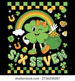 Cute St. Patrick’s Day design featuring a lucky clover character, rainbow, and gold with the name “Axel Seven.” Perfect for kids celebrating St. Patrick’s Day, birthday parties, and festive Irish-themed outfits.