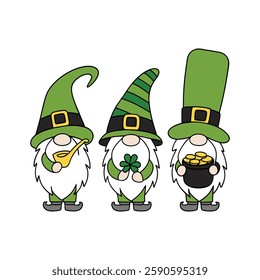 Cute St. Patrick’s Day gnome trio with green hats, a four-leaf clover, a smoking pipe, and a pot of gold. Perfect for Irish-themed designs, luck, and festive celebrations. Fun, whimsical, and lucky 