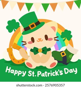 Cute St. Patrick’s Day illustration features an adorable cat wearing a leprechaun hat and bow tie, surrounded by a rainbow, clover, horseshoe, and festive bunting.