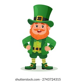 Cute St. Patrick’s Day Leprechaun Character Illustration, Cartoon Irish Lucky Dwarf in Green Costume with Hat and Beard, Festive March 17 Holiday Clipart Isolated on White Background.