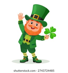 Cute St. Patrick’s Day Leprechaun Waving and Holding Shamrock, Cartoon Irish Lucky Character in Green Costume, Festive March 17 Holiday Illustration Isolated on White Background.