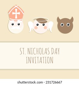 Cute St. Nicholas with devil and angel, christmas invitation card, vector illustration, winter background