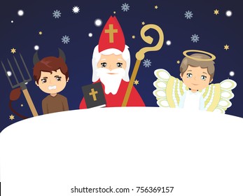 Cute St. Nicholas with devil and angel. Christmas invitation, card. Place for text