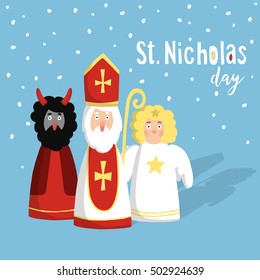 Cute St. Nicholas with devil and angel,Christmas invitation, card. Flat design, vector illustration, winter background.