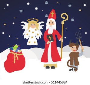 Cute St. Nicholas with devil and angel,Christmas invitation, card. Flat design, vector illustration, winter background.