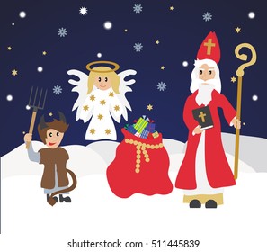 Cute St. Nicholas with devil and angel,Christmas invitation, card. Flat design, vector illustration, winter background