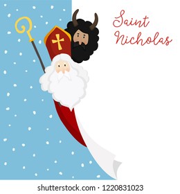 Cute St. Nicholas with devil and falling snow. Christmas invitation, greeting card. Flat kids design. Vector illustration, web banner with blank paper. Winter background.