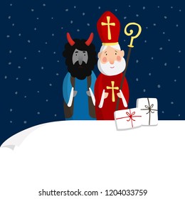 Cute St. Nicholas with devil, gift boxes and falling snow. Christmas invitation, greeting card. Flat kids design. Vector illustration, web banner with blank paper. Winter background.