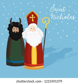 Cute St. Nicholas with devil, text and falling snow. Christmas invitation, greeting card. Flat kids design. Winter vector illustration background, web banner.