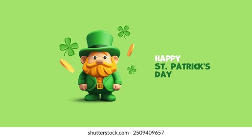 Cute St. Patrick character, 3D. Green banner for happy st Patrick's day celebration. A realistic character with a hat, beard, coins, and shamrocks. Concept of luck. Vector