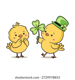 Ilustração de pintinho bonito do dia de São Patrício com galinhas do bebê, chapéu de leprechaun verde e trevo shamrock da sorte
