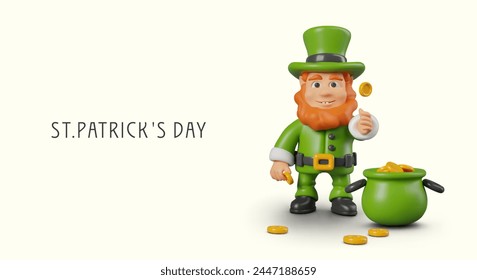 Cute St. Patrick Day poster in cartoon style. Smiling leprechaun is standing next to treasure pot