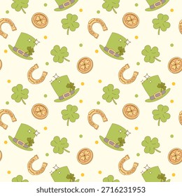 lindo día de San Patricio patrón sin fisuras con sombreros de duende tréboles monedas de la suerte y herraduras en tonos verdes suaves
