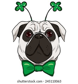 Cute St. Patrick pug dog with green bow tie and fashionable green sparkling clover accessory