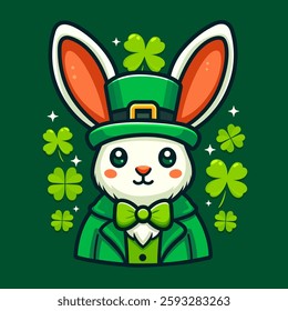 Cute St Patrick's Day bunny with green hat cartoon character. Saint Patrick’s Day postcard, cover, poster, holiday design on bright green background. St Patrick's Day character