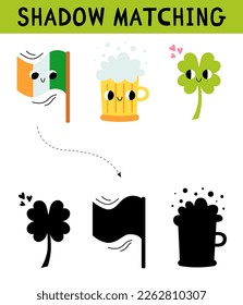 Cute St. Patrick's Day elements shadow matching activity for children. Simple educational game for kids with leaves. Find the correct silhouette printable worksheet.