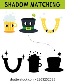 Cute St. Patrick's Day elements shadow matching activity for children. Simple educational game for kids with leaves. Find the correct silhouette printable worksheet.