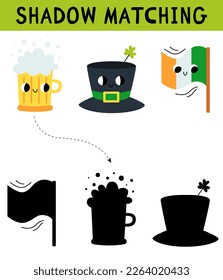 Cute St. Patrick's Day elements shadow matching activity for children. Simple educational game for kids with leaves. Find the correct silhouette printable worksheet.