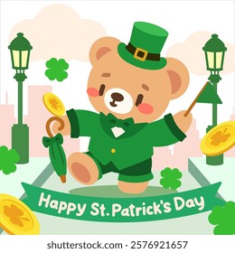 Cute St. Patrick's Day illustration featuring an adorable bear dressed as a leprechaun, holding a green umbrella and surrounded by gold coins, shamrocks, and festive elements in a cityscape.