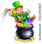 A cute St Patricks day leprechaun cartoon character sliding on rainbow into a pot of gold and giving a thumbs up