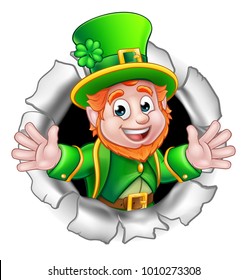 A cute St Patricks Day Leprechaun cartoon character breaking through the background