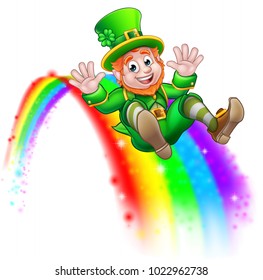 A cute St Patricks day leprechaun cartoon character sliding down a rainbow