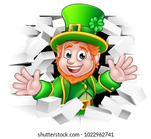 A cute St Patricks Day Leprechaun cartoon character breaking through the background brick wall