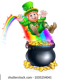 Ein süßer St. Patricks Day-Kobobobaun-Cartoon-Charakter, der auf Regenbogen in einen Topf Gold gleitet