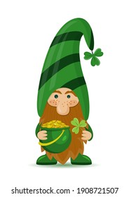 A cute St Patrick's day leprechaun cartoon character with clover and pot of gold. Irish gnom with shamrock for good luck. Vector illustration for cards, decor, shirt design, invitation.