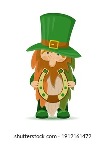 A cute St Patrick's day leprechaun cartoon character with horseshoe and beard in the colors of the Irish flag. Vector illustration for cards, decor, shirt design, invitation, poster, banner