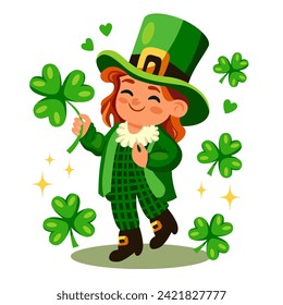 Cute St Patricks day leprechaun boy cartoon character smiling in green national costume, hat and lucky clover leaf. Vector illustration for cards, decor, shirt design, invitation to an irish pub.