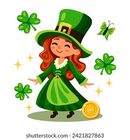 Cute St Patricks día leprechaun personaje de dibujos animados sonriendo con moneda y afortunada hoja de trébol. Ilustración vectorial para tarjetas, decoración, diseño de camisetas, invitación a un pub irlandés.