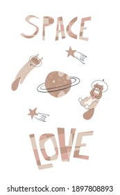 Cute St Valentines greeting card with astronaut cat. Space love poster with funny kittens and planets.