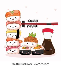 Una linda colección de pila de sushi estilo kawaii. Con platos tradicionales japoneses con caras lindas.