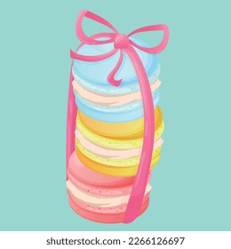 Cute stack of macaroons with a pink bow. Blue, yellow and pink macaroons. Postcard for confectionery or the pastry chef