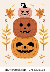 Cute stacked Halloween pumpkin tower with autumn leaves vector illustration. Hand drawn minimalist spooky autumn holiday pumpkin pile graphic element isolated for halloween celebration