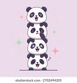 Cute stacked panda characters with different expressions cartoon illustration
