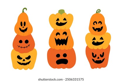 Cute stacked pumpkin characters for Halloween party. Funny and spooky monster cartoon isolated on white background. Flat vector illustration